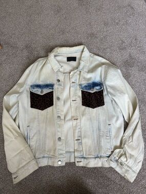 Cream Denim Jacket with Leopard Pocket Detail
